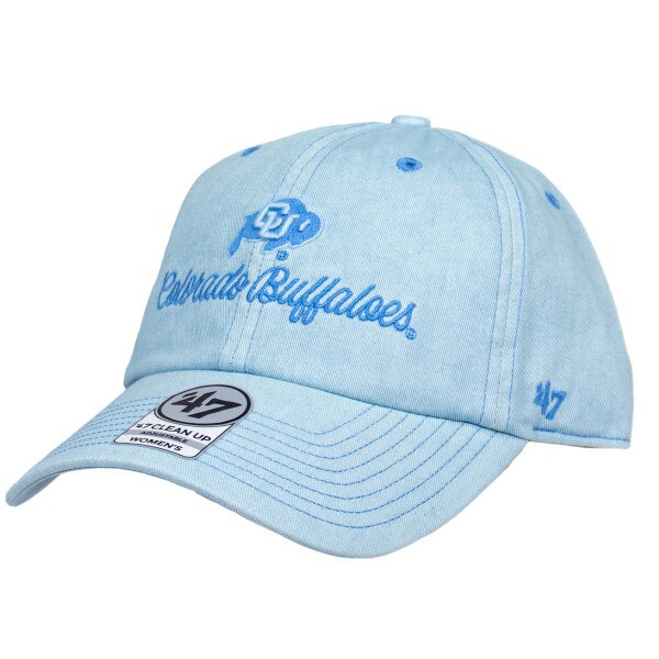 A pastel blue colored hat with an embroidered mini CU Buffalo logo on front, with "Colorado Buffaloes" written underneath in a cursive font.